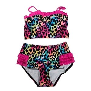NWOT Unbranded Rainbow Leopard Print‎ Ruffle Bikini Size 6 Girls A46
